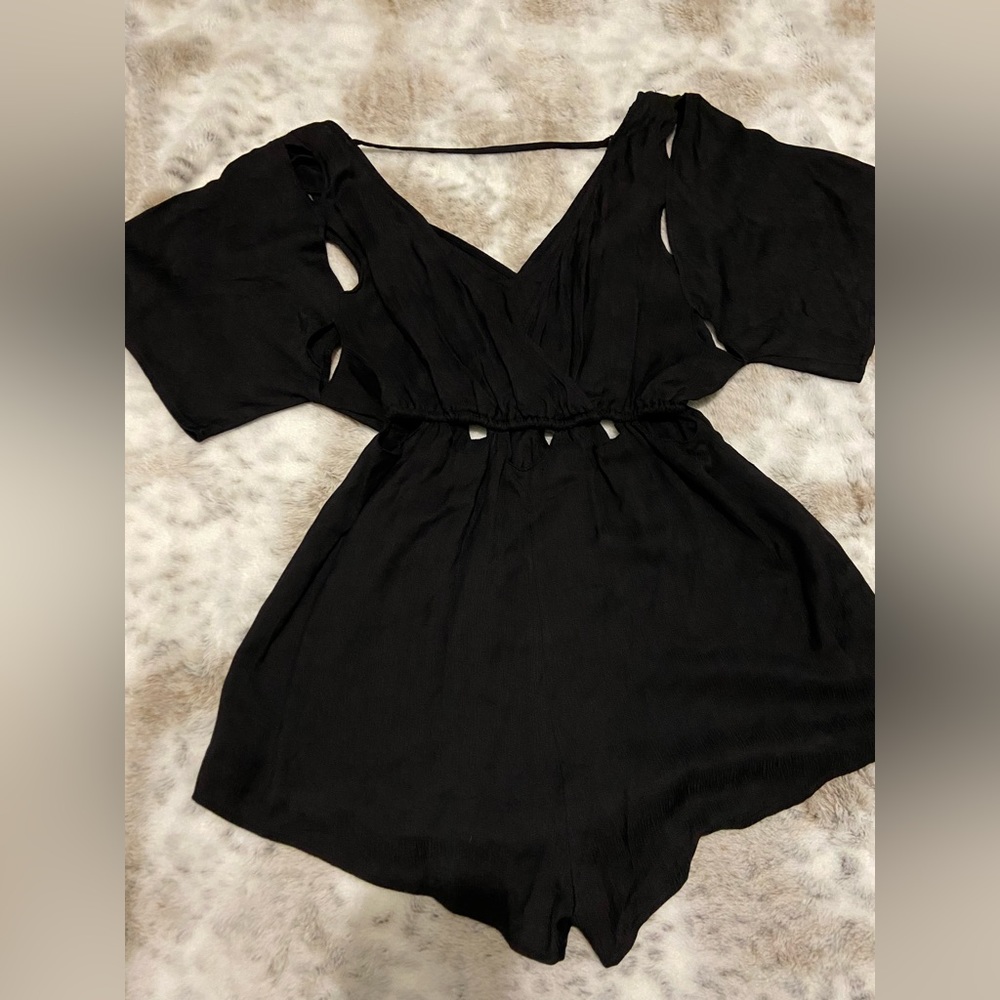 Black Women’s V-Neck Drawstring Romper Shorts - Picture 3 of 4